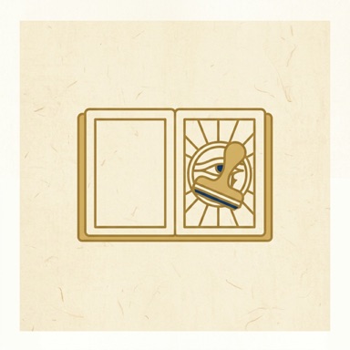 An open passport with a stamp on one page, drawn in gold on papyrus
