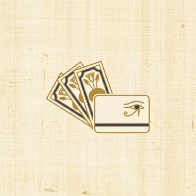 A fan of banknotes beside a payment card, drawn in gold on papyrus