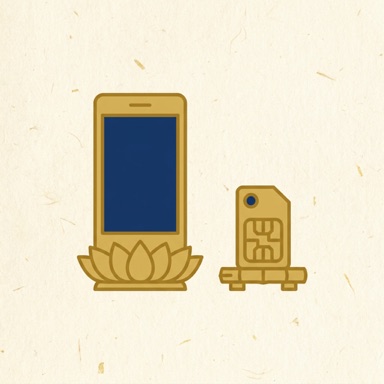 A phone standing beside a SIM chip, drawn in gold on papyrus