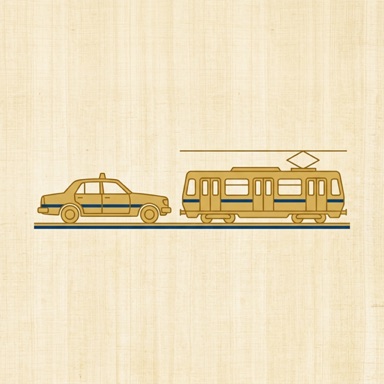 A taxi and a metro carriage, drawn in gold on papyrus